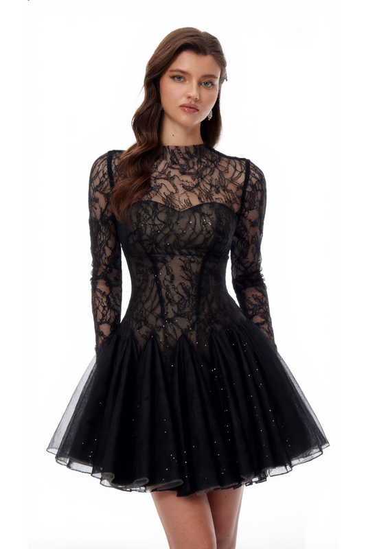 Mirabella | Cekinowa Mini z Floralną Koronką i Wycięciami