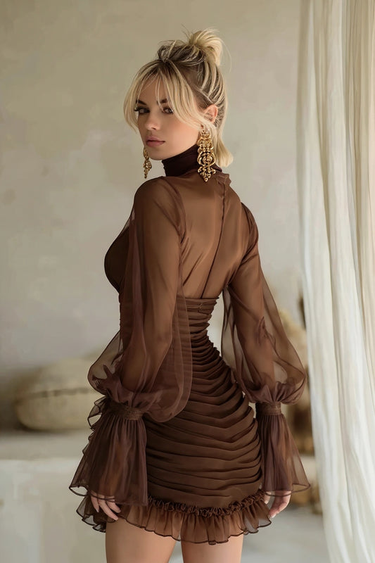 Jade | Eteryczna Elegancja w Odcieniu Brown: Sukienka Mini z Tiulową Finezją i Asymetrią